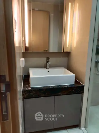 Modern bathroom with sleek sink and mirror in compact space