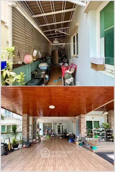 Spacious covered patio with wooden ceiling and organized storage area, perfect for outdoor living.