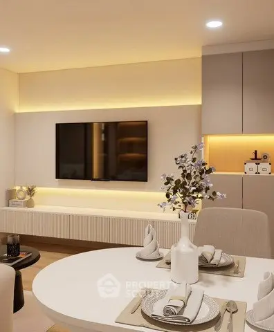 Modern living room with elegant decor and ambient lighting