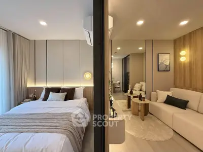 Modern bedroom and living room with elegant decor and cozy ambiance