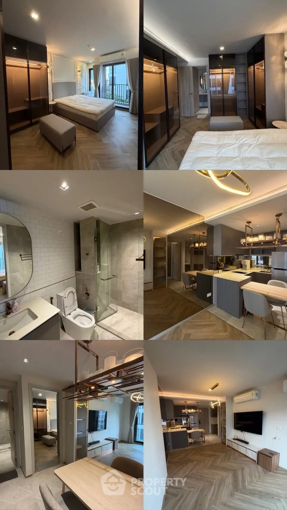 Luxurious modern apartment with spacious living room, elegant kitchen, and stylish bedroom featuring floor-to-ceiling windows.