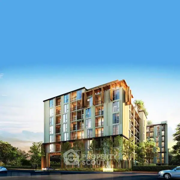 Modern architectural design of a luxury apartment building with lush greenery and sleek facade.