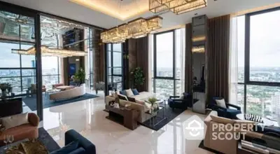 Luxurious high-rise apartment with panoramic city views, featuring a spacious living area with elegant furnishings and modern decor.