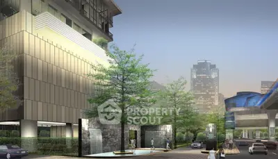 Modern urban building exterior with lush landscaping and water features, showcasing luxury city living.
