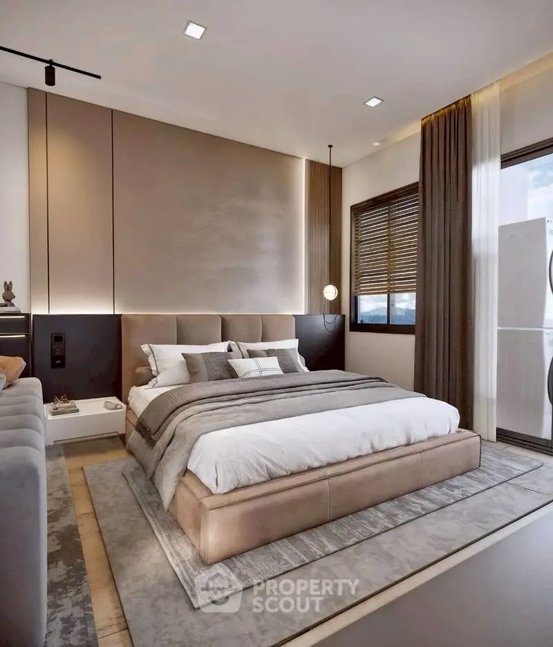 Luxurious modern bedroom with elegant decor and large windows