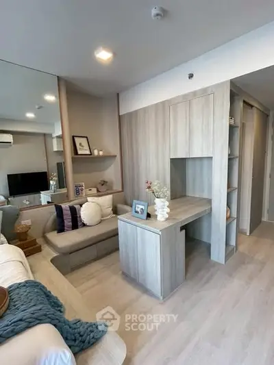 Modern living room with stylish decor and built-in storage solutions