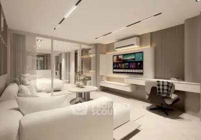 Luxurious modern living room with sleek design and integrated workspace