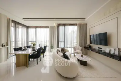 Luxurious modern living room with elegant dining area and large windows offering city views.