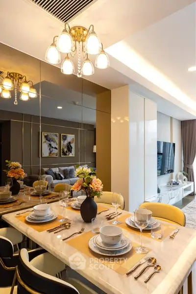 Luxurious dining area with elegant table setting and modern decor in a stylish apartment.