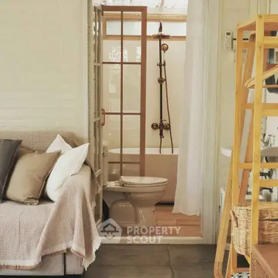 Cozy bathroom with bathtub and stylish decor in a modern home