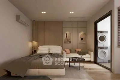Modern bedroom with cozy seating area and in-unit laundry, featuring stylish decor and warm lighting.