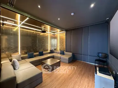 Luxurious modern living room with sleek design and ambient lighting