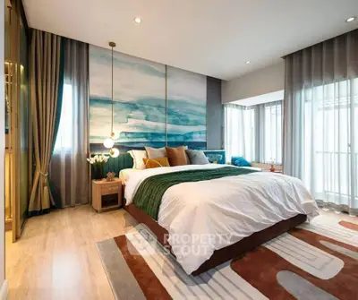 Luxurious modern bedroom with stylish decor and large windows for natural light.