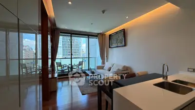 Modern living room with large windows and city view, featuring cozy seating and dining area.