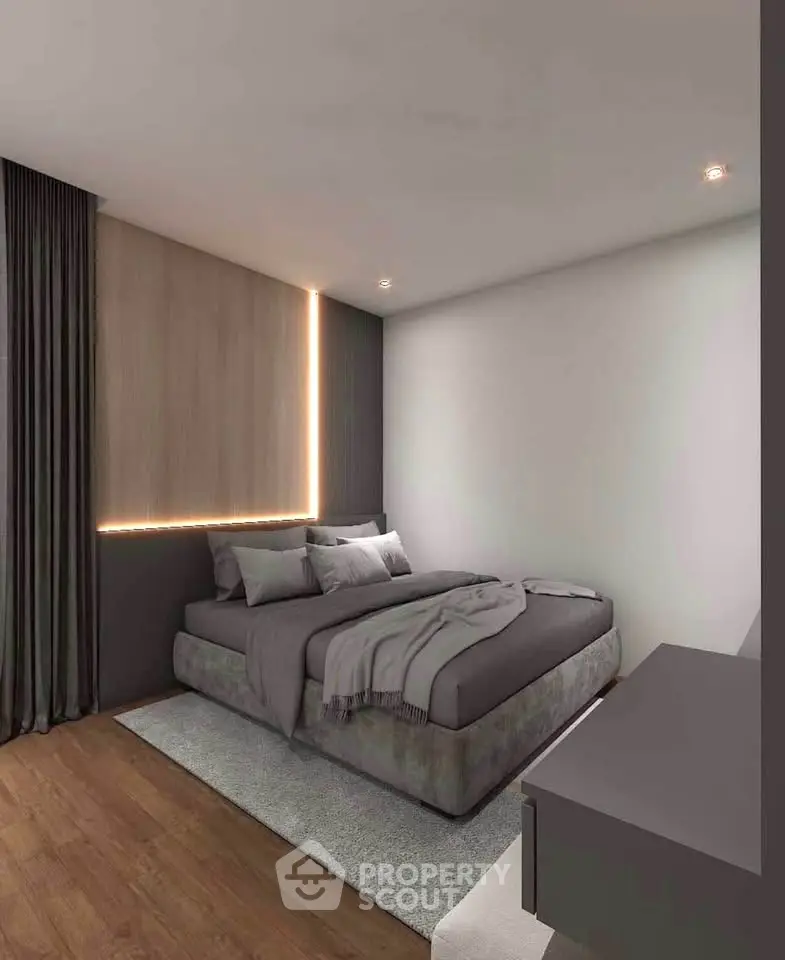 Modern bedroom with stylish lighting and cozy decor