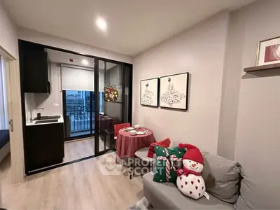 Cozy living room with festive decor and balcony view