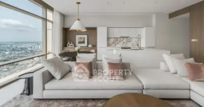 Luxurious modern living room with panoramic city view and elegant decor