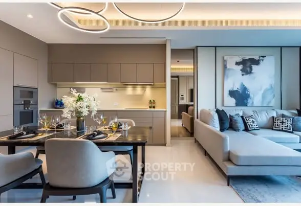 Luxurious modern living room with open kitchen and elegant dining area