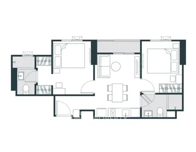 Modern apartment floor plan with two bedrooms and open living area.