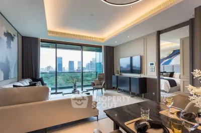 Luxurious modern living room with city view, open layout, and elegant decor.