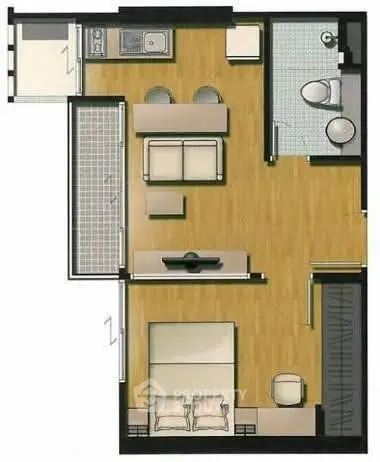Modern apartment floor plan with open living area and spacious bedroom.
