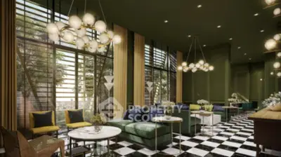 Luxurious living room with elegant lighting and stylish decor, featuring large windows and modern furniture.