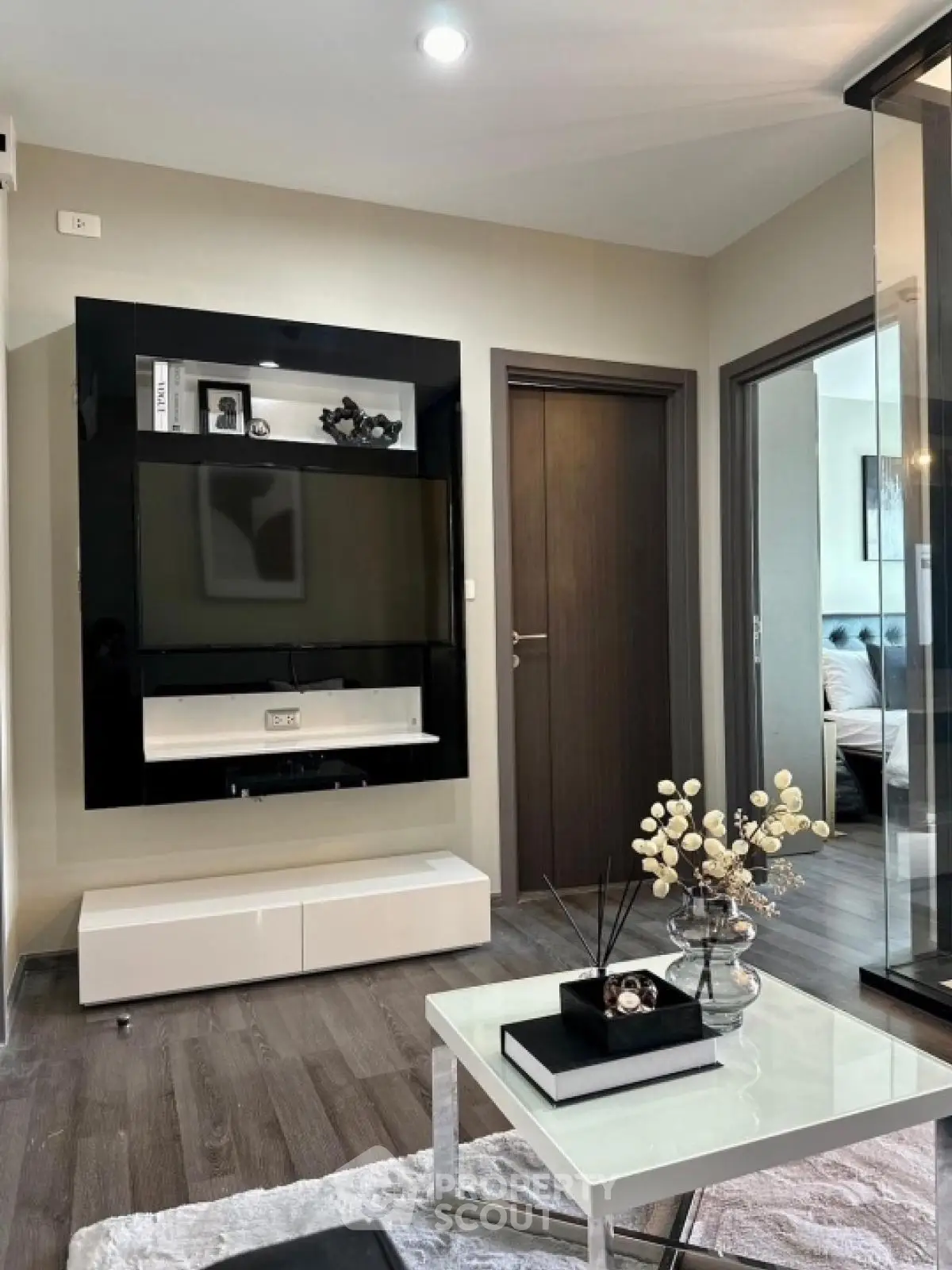 Modern living room with sleek TV unit and stylish decor