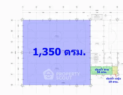 Detailed architectural floor plan with measurements and room labels in blue text.