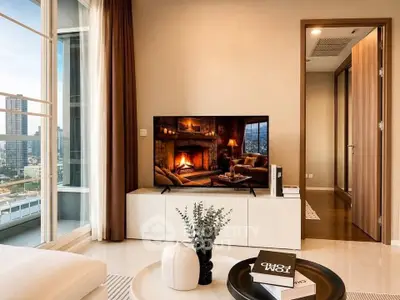 Luxurious living room with city view, modern decor, and cozy fireplace ambiance on TV screen.
