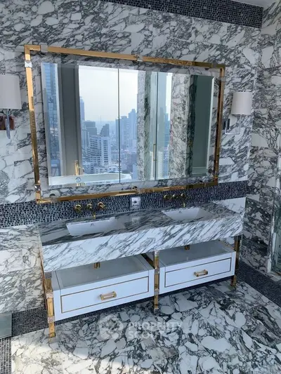 Luxurious marble bathroom with double vanity and city view, perfect for upscale living.
