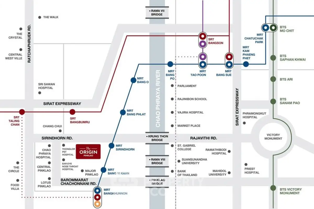Map showing The Origin project location near Bangkok's key transit routes and landmarks.