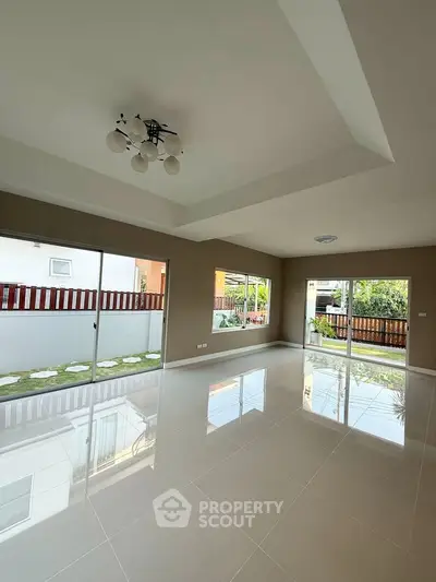 Spacious living room with large windows and garden view in modern home