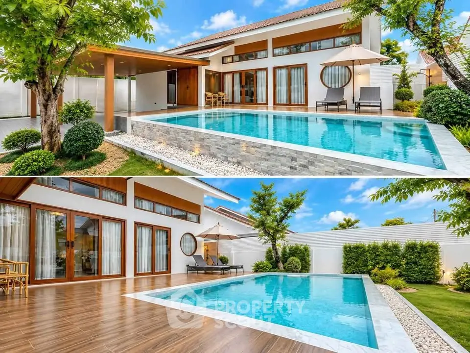 Luxurious modern villa with private pool and lush garden, perfect for relaxation and entertainment.