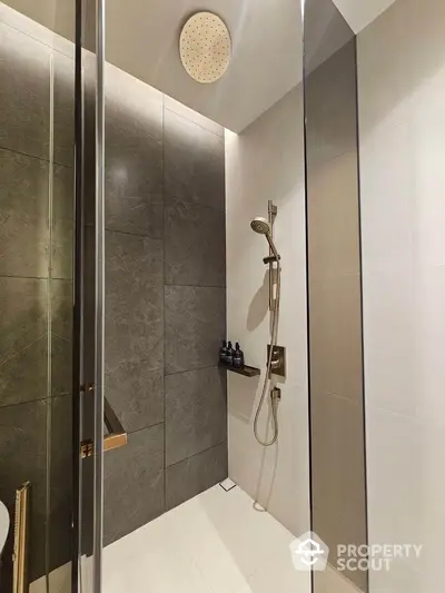 Luxurious modern bathroom with sleek shower design and elegant fixtures.