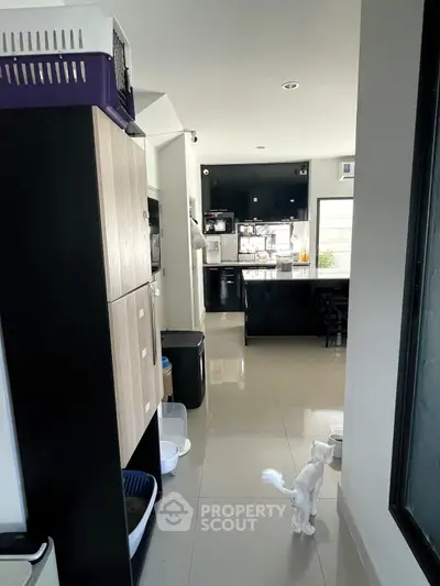 Modern kitchen with sleek black and white design, featuring open layout and glossy floor tiles.
