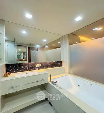 Luxurious modern bathroom with sleek design and spacious bathtub