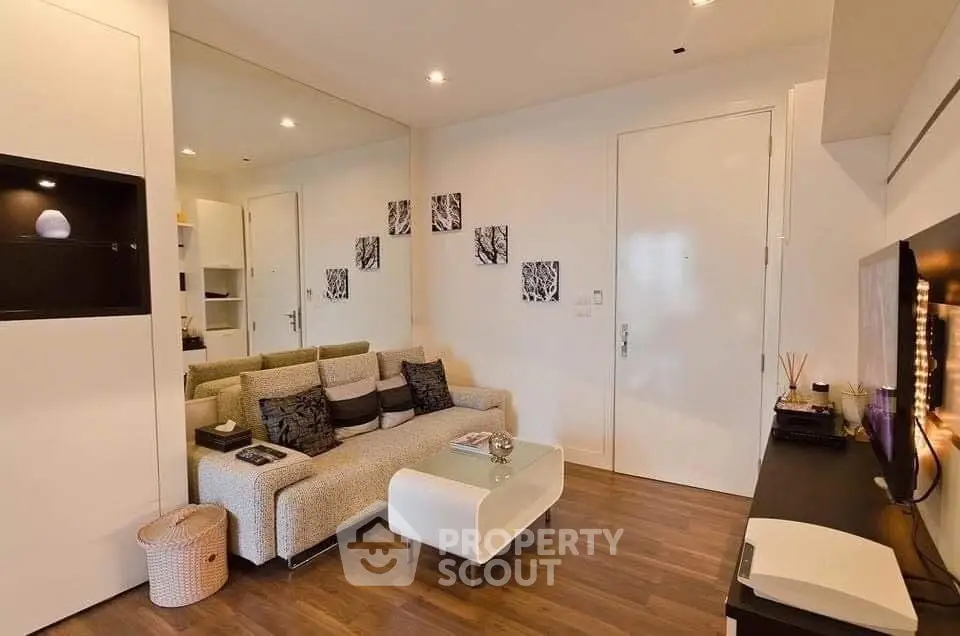 Modern living room with stylish decor and cozy seating area