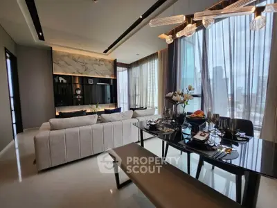 Luxurious modern living room with elegant dining area and city view