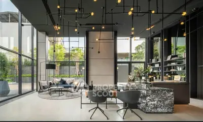Luxurious modern living room with floor-to-ceiling windows and stylish decor