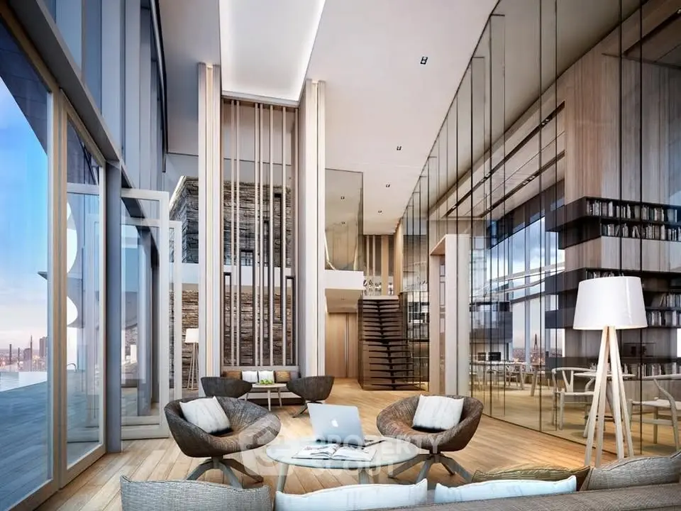 Luxurious modern living room with floor-to-ceiling windows and stunning city view.
