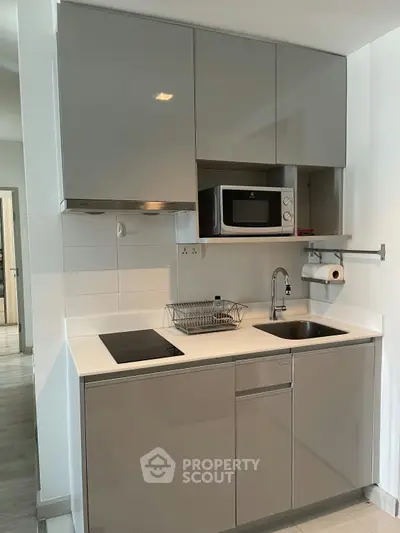 Modern compact kitchen with sleek cabinetry and built-in appliances, perfect for urban living.