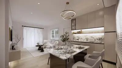 Luxurious modern living room with open kitchen and elegant marble dining table.