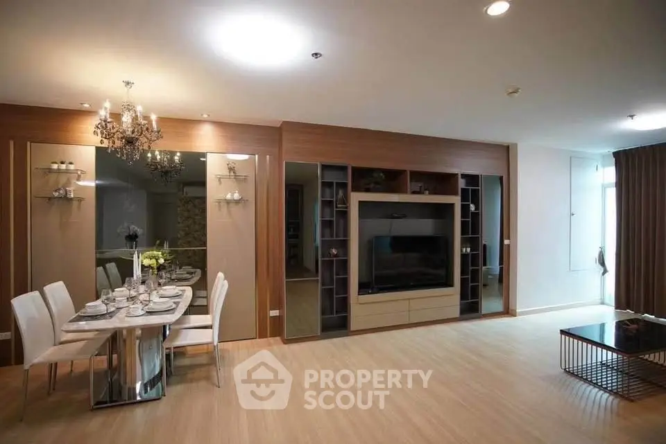 Spacious modern living room with elegant dining area and stylish decor