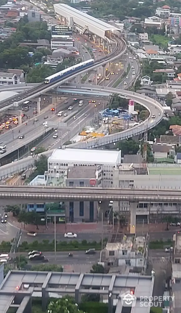 Stunning aerial view of urban infrastructure with elevated train tracks and bustling cityscape.