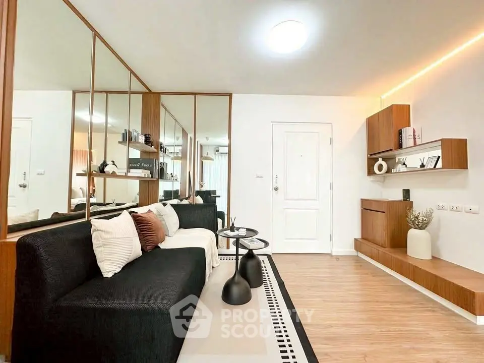 Modern living room with stylish decor and cozy seating area