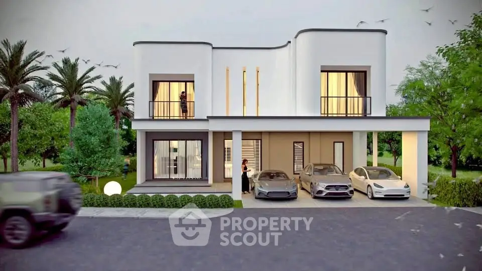 Modern luxury villa with sleek design, spacious balconies, and lush greenery, featuring a three-car garage.