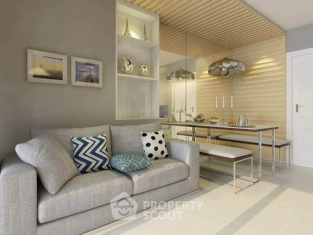 Modern living room with stylish decor and open dining area