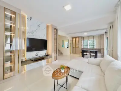 Luxurious modern living room with elegant marble wall and spacious seating area