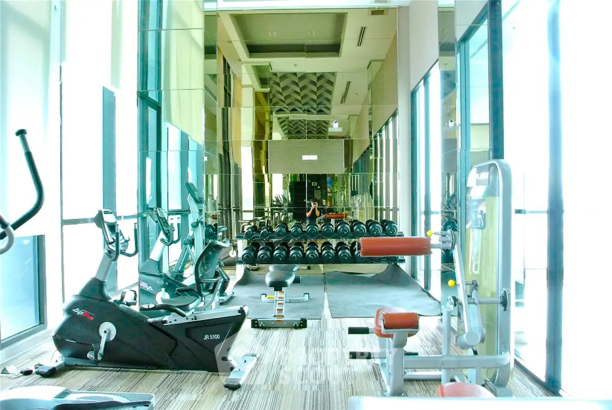Modern gym with state-of-the-art equipment and mirrored walls in luxury building.