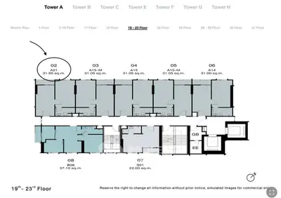 Floor plan of Tower A, 19th to 23rd floor, showing apartment layouts and sizes.